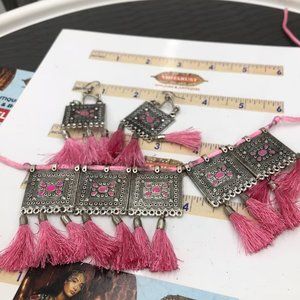 Silver Kuchi Afghan Jewelry Set With Dangling Tassels, Tribal Set